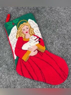 Needlepoint Christmas Stocking Angel Holding A Lamb 18.5” x 8” Red Suede Backing